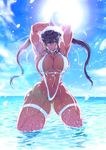  1girl bikini black_hair blue_eyes blush breasts cleavage curvy female jin-jin large_breasts long_hair looking_at_viewer muscle navel ponytail sling_bikini smile solo standing thighs toned twintails water wide_hips 