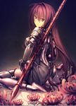  ass bodysuit breasts fate/grand_order fate_(series) feet flower from_behind kawanakajima long_hair looking_at_viewer looking_back medium_breasts no_shoes parted_lips polearm red_eyes red_hair scathach_(fate)_(all) scathach_(fate/grand_order) sitting soles solo spear spider_lily toes wariza weapon 