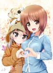  :d animal_costume bandages bandaid bangs bear_costume blush boko_(girls_und_panzer) brown_eyes brown_hair cast excel_(shena) floral_background girls_und_panzer heart heart_hands heart_hands_duo light_brown_hair long_hair long_sleeves looking_at_viewer multiple_girls nishizumi_miho onesie open_mouth pajamas pants shimada_arisu shirt short_hair side-by-side smile sparkle standing stuffed_animal stuffed_toy symmetrical_hand_pose teddy_bear upper_body 