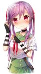  3: blush breasts choker ebisuzawa_kurumi embarrassed fingerless_gloves gakkou_gurashi! gloves hair_ornament hair_ribbon hand_in_hair highres long_hair looking_at_viewer medium_breasts purple_eyes purple_hair ribbon school_uniform simple_background skirt solo striped striped_gloves twintails yamato_(muchuu_paradigm) 