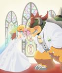  alternate_hairstyle bad_id bad_pixiv_id blonde_hair bouquet bowser bridal_veil dress fangs flower horns kiss mario_(series) monster paper_mario ponytail princess_peach stained_glass super_mario_bros. tuxedo veil wedding wedding_dress white_dress zabumaku 