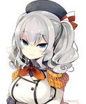  artist_name bangs beret blue_eyes blush breast_hold breasts buttons closed_mouth epaulettes eyebrows eyebrows_visible_through_hair frilled_sleeves frills hair_between_eyes hat hat_ribbon jacket kantai_collection kashima_(kantai_collection) large_breasts long_hair looking_at_viewer military military_uniform ribbon silver_hair simple_background sketch smile solo tsurime twintails uniform upper_body white_background yuzuki_gao 
