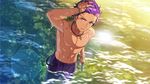  abs belt bracelet cross cross_necklace dark_skin dark_skinned_male ensemble_stars! fish hand_in_hair jewelry looking_at_viewer male_focus muscle navel necklace official_art otogari_adonis purple_hair river shirtless solo sparkle water wet wet_hair yellow_eyes 