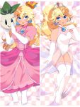  1girl bangs bare_shoulders blonde_hair blue_eyes crown dakimakura dress earrings elbow_gloves eyebrows_visible_through_hair gloves jewelry leotard lips long_hair lying mario_(series) multiple_views nintendo on_back parted_lips pink_dress princess_peach puffy_short_sleeves puffy_sleeves queen_ashi see-through short_sleeves thighhighs thighs turnip white_gloves white_legwear white_leotard 