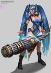  alternate_weapon aqua_hair badcompzero blue_hair boots breasts cleavage gatling_gun gradient_hair grey_background gun large_breasts league_of_legends legs looking_at_viewer multicolored_hair simple_background solo sona_buvelle thighs twintails weapon 