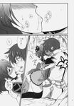  1girl asbel_lhant blush check_translation cheria_barnes coat comic couple doujinshi french_kiss greyscale hetero highres hug kiss kurimomo monochrome saliva saliva_trail short_hair sitting skirt tales_of_(series) tales_of_graces thighhighs tongue translation_request tree 