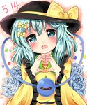  :d aqua_hair black_hat blue_eyes blue_flower blue_rose blush bow confetti dated flower frilled_sleeves frills hair_between_eyes hair_bow hat hat_bow heart heart-shaped_pupils heart_hands highres komeiji_koishi looking_at_viewer open_mouth ramudia_(lamyun) rose shirt smile solo symbol-shaped_pupils third_eye touhou upper_body yellow_bow yellow_shirt 