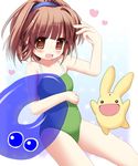  1girl bangs blunt_bangs blush brown_eyes brown_hair casual_one-piece_swimsuit gradient_background green_swimsuit heart looking_at_viewer one-piece_swimsuit open_mouth short_hair simple_background swimsuit 