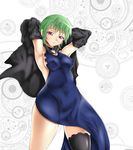  1girl armpits arms_behind_head arms_over_head arms_up artist_request black_legwear blue_dress breasts caladrius cape covered_navel eleanor_riegl erect_nipples green_hair hood looking_at_viewer parted_lips red_eyes shiny shiny_clothes shiny_hair shiny_skin short_hair side_slit sideboob single_thighhigh solo 