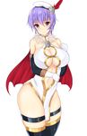  bare_shoulders beret black_legwear blush breasts cape cleavage cleavage_cutout commentary_request cowboy_shot crystal_earrings earrings elbow_gloves frown fur_trim gloves hat jewelry large_breasts leona_(sennen_sensou_aigis) looking_at_viewer midriff navel noeomi pelvic_curtain purple_eyes purple_hair sennen_sensou_aigis short_hair solo thighhighs white_background white_gloves 