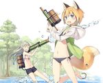  &gt;_&lt; :o animal_ear_fluff animal_ears bare_legs barefoot bazooka bikini black_bikini blonde_hair blue_eyes blush closed_eyes extra_ears fang firing fox_ears fox_tail grey_hair holding hood hood_down hoodie long_hair looking_at_viewer multiple_girls navel open_clothes open_mouth open_shorts original poco_(asahi_age) shiratama_kitsune short_hair short_shorts shorts standing standing_on_one_leg striped striped_bikini swimsuit tail tree wading water water_gun weapon white_background white_bikini 