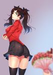  absurdres ass black_hair black_legwear black_skirt blurry bouquet breast_hold breasts confession covered_nipples crossed_arms depth_of_field fate/stay_night fate_(series) flower from_behind green_eyes hair_ribbon highres legs long_hair looking_at_viewer looking_back medium_breasts miniskirt pleated_skirt pov red_sweater ribbon skirt solo_focus sweater thighhighs thighs toosaka_rin tsundere turtleneck two_side_up yin_lan_xue zettai_ryouiki 