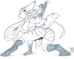  2016 anthro big_breasts big_butt breasts butt erect_nipples female lagomorph mammal max_blackrabbit melee_weapon nipple_bulge nipples polearm rabbit side_boob solo spear weapon 