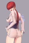  1girl ass blush breasts come_hither electricity from_behind hair_ornament hair_over_eyes jacket king_of_fighters large_breasts long_hair low_twintails open_mouth pantylines pencil_skirt red_hair shermie shiny shiny_hair shiny_skin sideboob skindentation skirt smile solo the_king_of_fighters twintails 