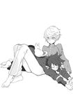  animal cat greyscale male_focus mikleo_(tales) monochrome multiple_boys on_lap r2load short_hair sitting smile sorey_(tales) stretch tales_of_(series) tales_of_zestiria 
