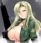  1girl :| bangs blonde_hair breasts choker cleavage closed_mouth collar collarbone commentary_request elbow_pads green_eyes green_jacket gun hair_over_one_eye highres holding holding_weapon huge_breasts jacket large_breasts long_hair metal_gear_(series) metal_gear_solid military military_jacket military_uniform open_clothes open_jacket rifle saizu_nitou_gunsou sideboob signature sniper_rifle sniper_wolf solo uniform weapon 