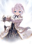 ascot black_gloves blue_eyes capriccio coat dated fencer_(tree_of_savior) gloves hair_between_eyes holding holding_sword holding_weapon parted_lips rapier sheath shiny shiny_hair short_hair solo sword tree_of_savior unsheathing weapon white_background white_hair 