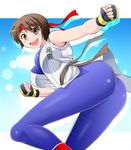  1girl artist_request ass blush breasts brown_eyes brown_hair fingerless_gloves gloves headband leaning leaning_forward looking_at_viewer looking_back open_mouth pants pantylines ryuuko_no_ken shiny shiny_clothes shiny_hair shiny_skin short_hair smile solo the_king_of_fighters tight tight_pants yuri_sakazaki 
