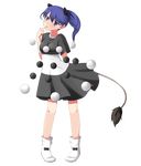  alternate_hairstyle blue_eyes blue_hair blush commentary_request doremy_sweet dress finger_to_mouth full_body highres long_hair looking_at_viewer mono_(mono60) no_hat no_headwear parted_lips pom_pom_(clothes) ponytail short_sleeves smile socks solo tail tapir_tail touhou transparent_background white_legwear 