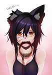  animal_ear_fluff animal_ears asymmetrical_ears bare_arms bare_shoulders black_hair breasts cat_ears cheshire_cat_(monster_girl_encyclopedia) collar commentary dog_collar english english_commentary facial_scar fangs gradient gradient_background heart heart-shaped_pupils highres laska_(monster_girl_encyclopedia) leash less looking_at_viewer medium_breasts missing_ear monster_girl_encyclopedia orange_eyes pink_background red_collar scar scar_across_eye simple_background smile solo symbol-shaped_pupils tank_top teeth teeth_hold upper_body 
