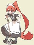  1girl abarai575 alternate_costume alternate_hairstyle blush enmaided long_hair maid maid_headdress mop orange_eyes orange_hair ponytail simple_background solo sweat ueno-san_wa_bukiyou ueno_(ueno-san_wa_bukiyou) very_long_hair 