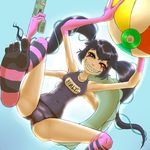  1girl alien ball battleborn black_hair breasts gax orendi_(battleborn) sharp_teeth smile solo swinsuit twintails 