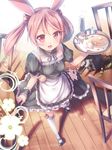  :&lt; :d alternate_costume animal_ears apron badge binzoko_megane_(san-inch) black_footwear blush breasts bunny bunny_ears butter chair cup detached_collar dress drinking_glass enmaided food frills hair_bobbles hair_ornament kantai_collection kemonomimi_mode knife leaf looking_at_viewer maid maid_apron open_mouth pancake pink_eyes pink_hair plant puffy_short_sleeves puffy_sleeves sazanami_(kantai_collection) shoes short_hair short_sleeves small_breasts smile solo spoon sweat table tray turret twintails waist_apron weapon white_legwear wooden_floor wrist_cuffs 