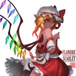  &gt;:) arm_at_side back bangs bare_shoulders bow breasts character_name colored_eyelashes cowboy_shot crystal flandre_scarlet frilled_skirt frills gradient gradient_hair hat hat_ribbon highres looking_at_viewer mob_cap multicolored_hair no_bra off_shoulder orange_hair puffy_short_sleeves puffy_sleeves red_eyes red_ribbon red_skirt red_vest ribbon sash shaded_face short_sleeves simple_background skirt skirt_set small_breasts smile smirk solo touhou v-shaped_eyebrows vampire vest white_background white_bow white_hat wings zhaoyebai 