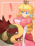  bad_id bad_pixiv_id blonde_hair blue_eyes bowser breast_lift breasts crown dress fangs highres large_breasts mario_(series) monster open_mouth pink_dress princess_peach super_mario_bros. zabumaku 