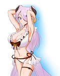  1girl armpits arms_behind_head arms_up bikini black_bow bow breasts commentary_request cowboy_shot double_bun draph earrings frilled_bikini frills fujikusa granblue_fantasy groin hair_ornament hair_over_one_eye highres horns jewelry large_breasts lavender_eyes lavender_hair long_hair looking_at_viewer narmaya_(granblue_fantasy) navel pointy_ears sarong side-tie_bikini smile solo star star_earrings stomach swimsuit thigh_strap white_bikini 