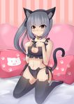  :&lt; alternate_costume animal_ears bare_arms bell black_legwear black_panties blush bow breasts brown_eyes cat_ears cat_lingerie cat_tail choker cleavage fake_animal_ears full_body hair_bow hair_ribbon hairband highres kantai_collection kasumi_(kantai_collection) kneeling kuronekozero looking_at_viewer meme_attire navel panties ribbon side-tie_panties side_ponytail silver_hair small_breasts solo tail tears thighhighs underwear underwear_only 