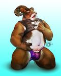  2016 animal_genitalia anthro belly biceps brown_eyes bulge caprine clothing front_view goat hand_on_chest hand_on_stomach hi_res horn kneeling male mammal manly mature_male mountain_goat muscular open_mouth pecs penis pose relaxing saliva simple_background skrawl solo teeth tongue underwear vein veiny_penis 