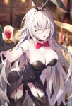  1girl alcohol animal_ears arm_garter bangs bar black_leotard blurry blurry_background blush bow bowtie breasts bunny_ears bunnysuit chains cleavage coattails cup eyebrows_visible_through_hair fake_animal_ears fate/grand_order fate_(series) garter_straps glint hair_between_eyes hand_on_hip highres holding holding_tray indoors jeanne_d&#039;arc_(alter)_(fate) jeanne_d&#039;arc_(fate)_(all) lace lace-trimmed_legwear large_breasts leaning_forward leotard long_hair looking_at_viewer open_mouth red_neckwear rin_yuu see-through sidelocks signature silver_hair solo thighhighs tray tsurime wrist_cuffs yellow_eyes 