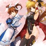  :d ^_^ armpits arms_up black_legwear blonde_hair breasts brown_hair cape closed_eyes covered_nipples dress fate_testarossa fingerless_gloves gauntlets gloves grin groin hair_ribbon highleg highleg_leotard jacket juliet_sleeves leotard long_hair long_sleeves lyrical_nanoha magical_girl mahou_shoujo_lyrical_nanoha mahou_shoujo_lyrical_nanoha_a's mahou_shoujo_lyrical_nanoha_the_movie_2nd_a's multiple_girls open_mouth petals puffy_sleeves pupps red_eyes ribbon short_twintails sidelocks small_breasts smile takamachi_nanoha thighhighs twintails 