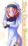  1girl artist_request blue_eyes blush breast_hold breast_rest breasts caladrius character_name cross glasses habit looking_at_viewer maria_therese_bloomfield nun open_mouth parted_lips pink_hair shiny shiny_hair shiny_skin short_hair side_slit solo thigh_strap 