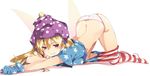  all_fours american_flag_dress american_flag_legwear arched_back ass blonde_hair blush breast_press breasts clownpiece commentary fairy_wings frilled_shirt_collar frills full_body gloves grin hasebe_yuusaku hat highres jester_cap long_hair looking_at_viewer medium_breasts panties pantyhose pantyhose_pull parted_lips pink_eyes polka_dot print_legwear short_sleeves smile solo star striped striped_legwear top-down_bottom-up touhou underwear white_panties wings 