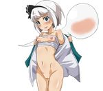  1girl :d aqua_eyes areolae bandage bangs blunt_bangs blush bottomless breasts breasts_outside cropped_legs ghost konpaku_youmu konpaku_youmu_(ghost) looking_at_viewer navel nipples no_panties open_clothes open_mouth pussy pussy_juice saliva short_hair simple_background small_breasts solo standing touhou transparent_background undressing white_hair 