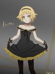  black_dress choker dated dress dress_lift hanamonogatari highres kizumonogatari konbari_tariumu monogatari_(series) oshino_shinobu pantyhose short_hair solo 