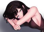  ankkoyom arm_pillow bad_id bad_pixiv_id bangs bare_arms bare_shoulders black_hair blush breasts cleavage closed_mouth crying eyelashes from_side frown gradient gradient_background grey_eyes hairband head_rest long_hair looking_at_viewer medium_breasts messy_hair no_bra original pointy_ears sideboob signature sleeveless slit_pupils solo tears upper_body 