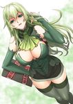  bare_shoulders black_legwear border_break breasts bridal_gauntlets cleavage elbow_gloves fiona_(border_break) gloves green_eyes green_hair long_hair looking_at_viewer medium_breasts parted_lips shunzou sign solo thighhighs thighs warning_sign 