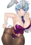  alternate_costume animal_ears bare_shoulders battle_bunny_riven bling_(wnsdud34) blue_eyes breasts bunny_ears bunny_tail bunnysuit cleavage curvy highres large_breasts league_of_legends lips necktie pantyhose pantyhose_tug riven_(league_of_legends) short_hair silver_hair simple_background solo tail thigh_gap thighs tied_hair white_background wide_hips 