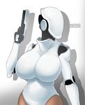  2016 armor big_breasts breasts clothed clothing digital_media_(artwork) female gun handgun haydee helmet human humanoid machine mammal not_furry ranged_weapon robot simple_background sinensian solo standing video_games weapon 