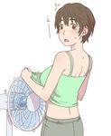  1girl blush breasts brown_eyes brown_hair camisole camisole_lift commentary_request ebinera electric_fan fan fanning_self from_behind idolmaster idolmaster_cinderella_girls large_breasts lifted_by_self looking_back midriff oikawa_shizuku open_mouth short_hair solo sweatdrop white_background 