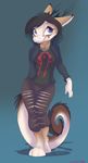  3_toes 5_fingers anthro antlers blue_eyes blue_hair canine clothed clothing dragon female fox fur hair hoodie horn hybrid mammal mistydash simple_background solo standing tan_fur toes wide_hips 