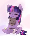  2016 blush cute equine eyes_closed female feral friendship_is_magic hair horn hug magnaluna mammal multicolored_hair my_little_pony plushie simple_background sitting smile solo teddy_bear twilight_sparkle_(mlp) unicorn young 