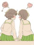  akiyama_yukari blush brown_hair eye_contact face-to-face from_behind girls_und_panzer green_skirt heart holding_hands looking_at_another multiple_girls nishizumi_miho ooarai_school_uniform profile school_uniform short_hair skirt smile spoken_heart thought_bubble yukataro yuri 