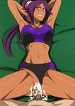  1boy 1girl bare_arms bare_legs bare_shoulders bleach blush breasts censored clothed_sex cum cum_in_pussy dark_skin female game_cg hetero large_breasts legs lime_(purple_haze) long_hair lying missionary penetration penis ponytail purple_hair pussy pussy_juice sex shihouin_yoruichi smile sports_bra squatting sweat vaginal 
