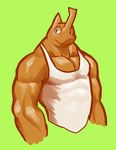  2015 abs anthro arthropod biceps big_muscles clothed clothing colored digital_drawing_(artwork) digital_media_(artwork) green_background half-length_portrait horn huge_muscles insect light looking_at_viewer male muscular muscular_male no_iris orange_body pecs plain_white portrait pose shaded shirt simple_background smile solo standing thick_neck triceps white_clothing 