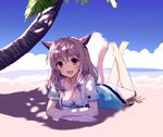  :d animal_ears bangs barefoot beach bikini blue_sky blush breasts cat_ears cat_girl cat_tail chamnaitu cleavage cloud dappled_sunlight day final_fantasy final_fantasy_xiv front-tie_bikini front-tie_top highres jacket lavender_hair legs_up long_hair looking_at_viewer lying medium_breasts miqo'te ocean on_stomach open_clothes open_jacket open_mouth orange_eyes outdoors palm_tree sand shadow short_sleeves sky slit_pupils smile soles solo strapless strapless_bikini sunlight sweatdrop swimsuit tail tree water white_bikini 