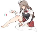  asakawa_(outeq) bad_anatomy barefoot blush bow bowtie breasts brown_eyes commentary corset cup drinking_glass drunk frills full_body grey_hair hair_between_eyes hat italian_flag italy kantai_collection large_breasts long_hair long_sleeves mini_hat miniskirt open_mouth pola_(kantai_collection) removing_sock shirt simple_background single_thighhigh sitting skirt solo thighhighs tilted_headwear wavy_hair white_background white_legwear white_shirt wine_glass 